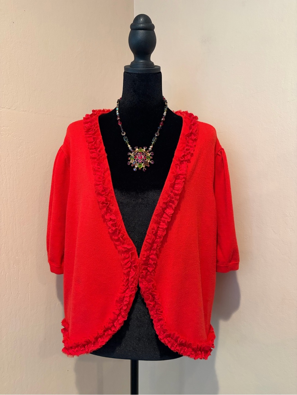 INC Cherry Red Open Front Cardigan w/ Ruffled Edges, Retro Vibes size 3X